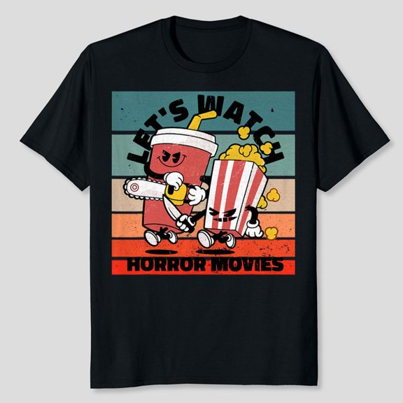Cinema, Retro, Lets watch Horror Movies Popcorn Softdrinks T-Shirt, Men's And Women's Graphic Tee 100% Cotton by TBun, Full Sizes S-5XL