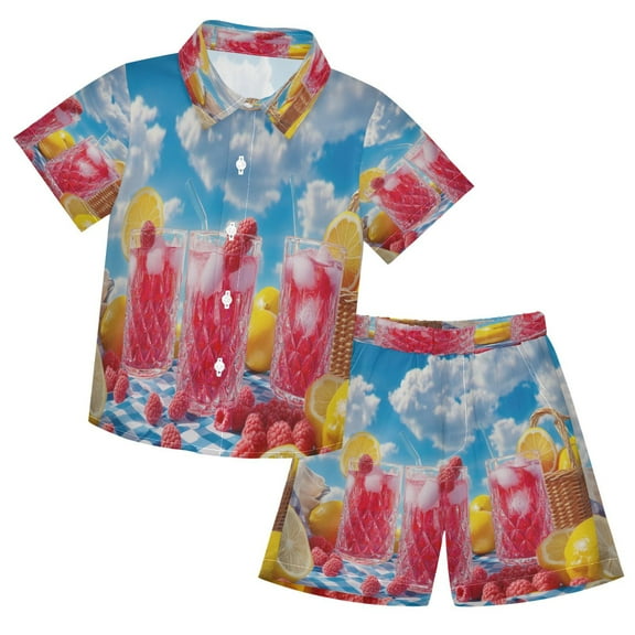 YAZAOO Button-Down Shirts Summer Shorts Sets Fashion Raspberry Lemonade Picnic Pattern Casual Set