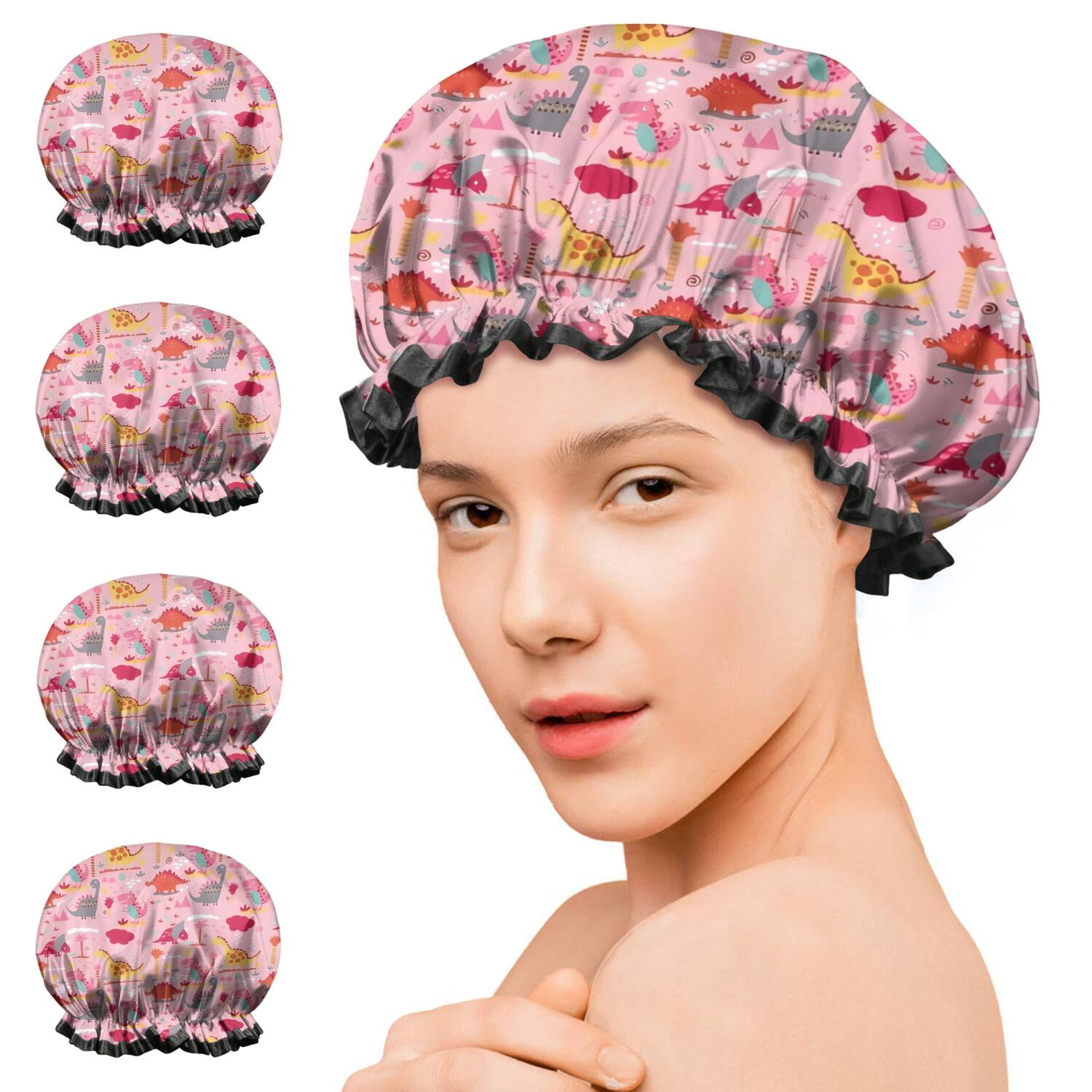 Shower Caps,Pink Cartoon Dinosaurs Landscape Pattern Waterproof Shower Cap for Women 4 Pieces,Double Reusable Hair Cover for Shower PEVA Elastic Stretch Hem