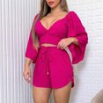 thumbnail image 4 of Fankiway Women'S Casual Three-Quarter-Sleeve V-Neck Belted tops High Waist Shorts Suits Womens Set Summer Outfits Summer Outfits for Women 6267 Piece, 4 of 8