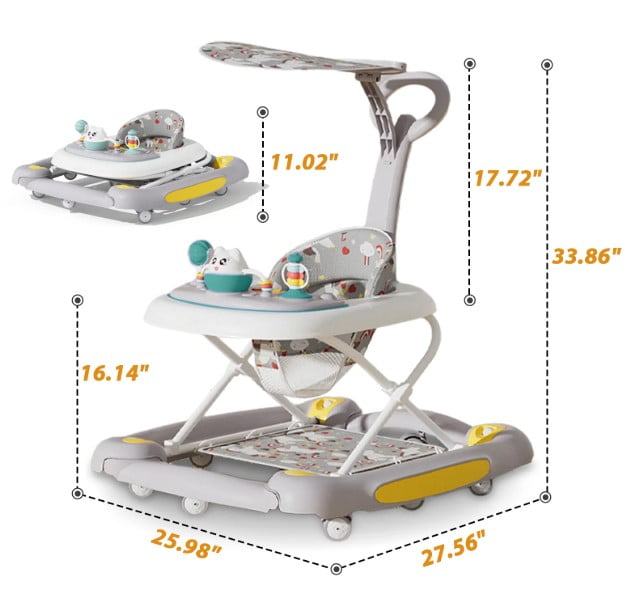 LHUAI 6-in-1 Baby Walker With Wheels, Bouncer, Removable Footrest, Feeding Tray & Music, Foldable & Adjustable Activity Walker For Boys And Girls, Toddler Infant, Grey