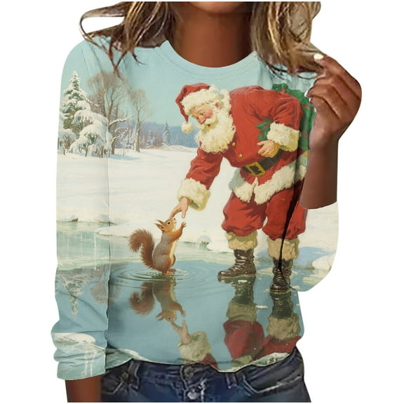 asdoklhq Plus Size Fall Tops Christmas Women's Christmas Printed Round Neck Long Sleeved Hooded Top/shirt Red 3X