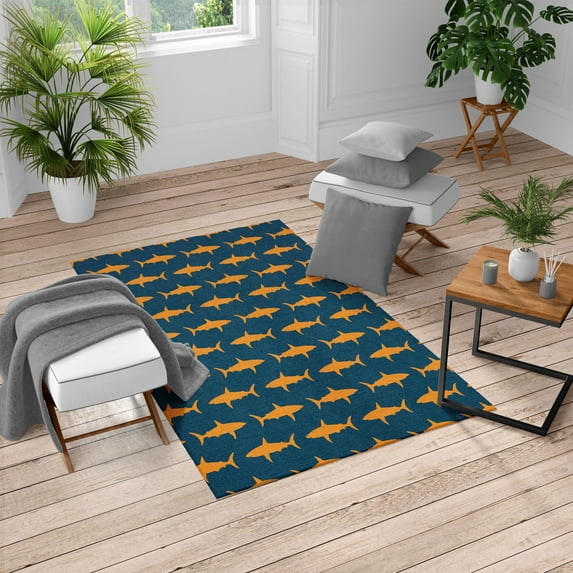 Sea Animals Turkish Area Rug, Sharks Swimming Horizontal Silhouettes Powerful Dangerous Wild Life, Carpet for Living Room Decor, 2.6' x 5', Marigold and Night Blue, by Ambesonne