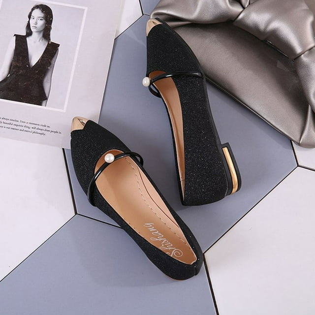 UPGRATOR 1 Pair Black Ballets Flats Shoes with Pearls Non Slip for Dating