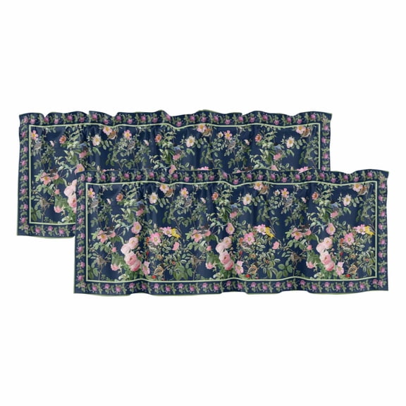 2 Pack Valances for Window, Navy Blue Flowers Short Curtains for Kitchen Bedroom Living Room, Spring Floral Elegant Pastoral Botanical Rod Pocket Small Window Treatment Valance Drapes 42 x 12 Inch