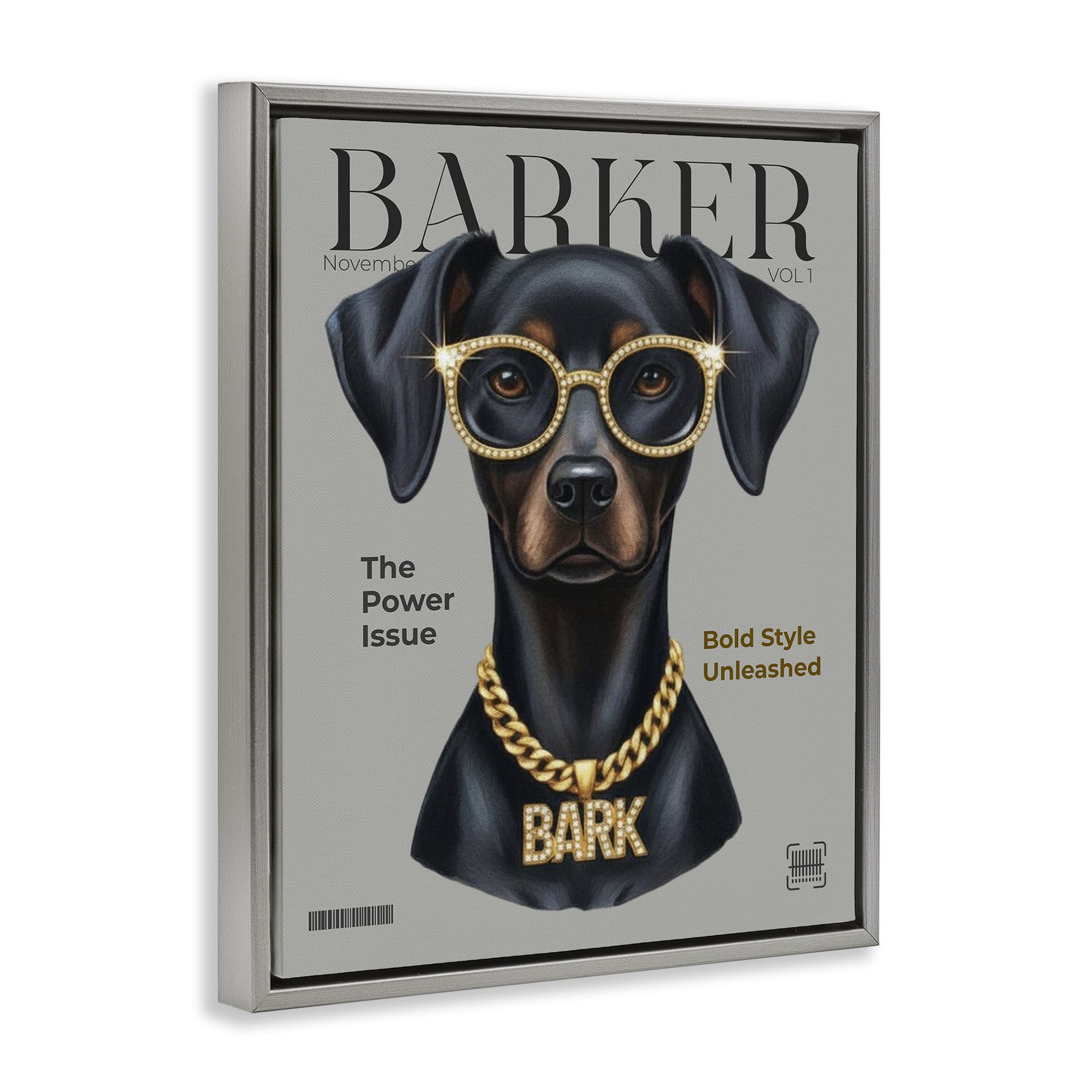 Stupell Industries Barker Dog Fashion Magazine Gray Framed Floater Canvas Wall Art, design by A Barefoot Stylist