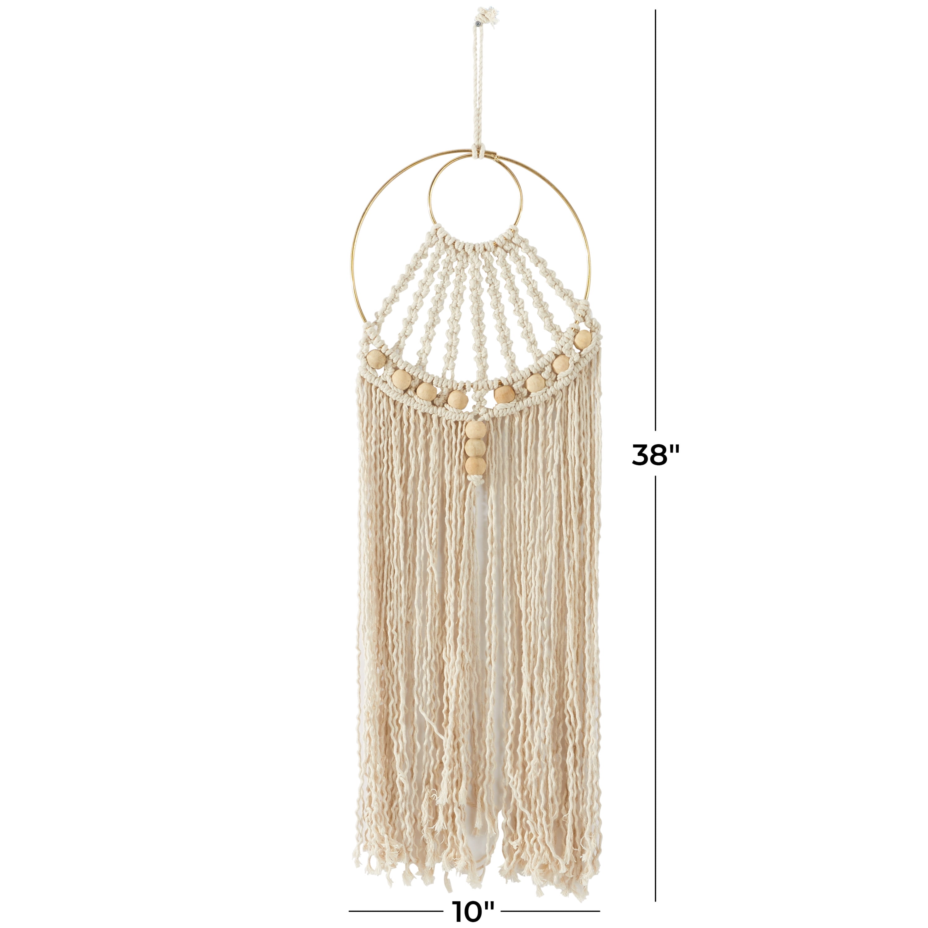 DecMode Beige Cotton Handmade Intricately Weaved Macrame Wall Decor with Beaded Fringe Tassels