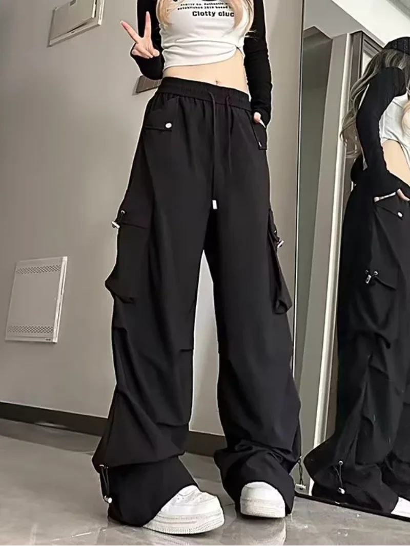 White Cargo Parachute Pants Y2k Baggy Kpop Pleated Trousers