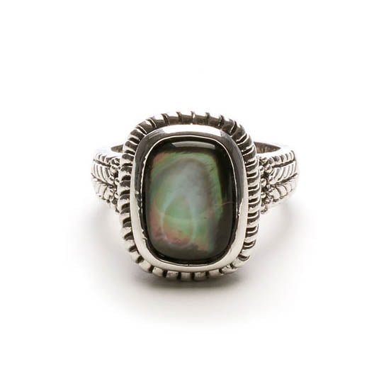 Vintage Style Genuine Abalone Statement Ring with Detailed Band, Size 10 Jewelry Ring Silver