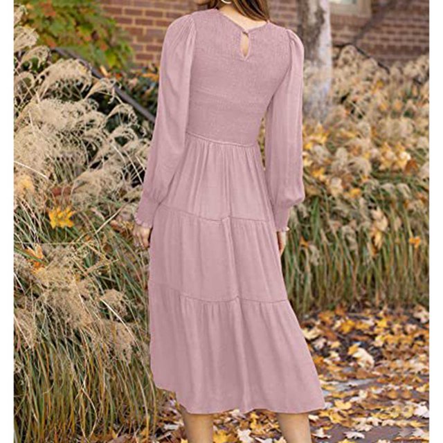 Robe à Col Rond, Manches Longues Couches Robe Maxi Fluide Couleur Pure Élégante Plissée Confortable pour la Datation pour le Travail Noir, Rouge Foncé, Vert, Bleu Clair, Rose