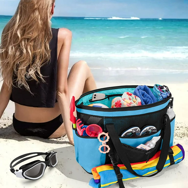 Fasrom Extra Large Mesh Beach Bag with Zipper Bottom Family Beach Tote Bag with Wet and Dry Separation Patent Design