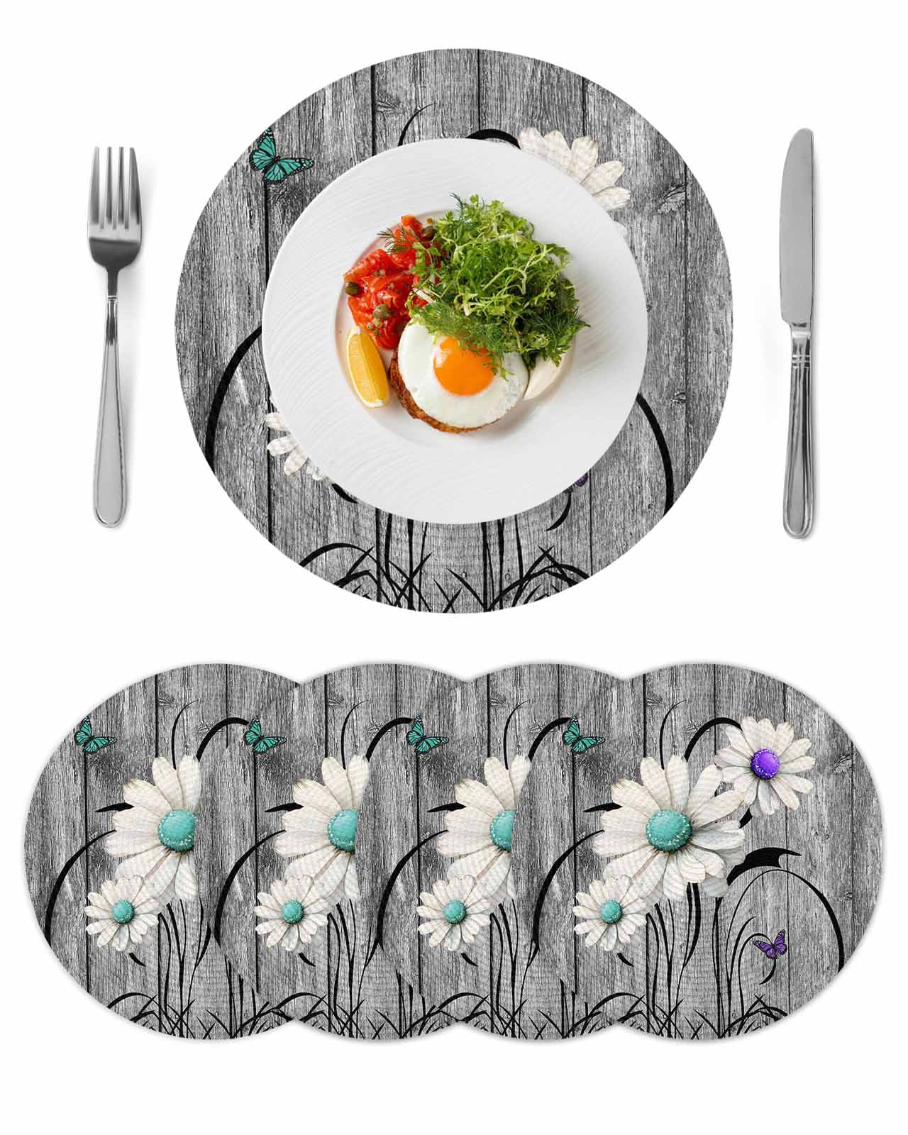 Round Placemats Set of 4 Rustic Daisy Place Mats Washable Woven Placemat Teal Sunflower Grey Wood Grain Circle Braided Table Mat for Kitchen Dining Table Party Home Decor 15 Inch