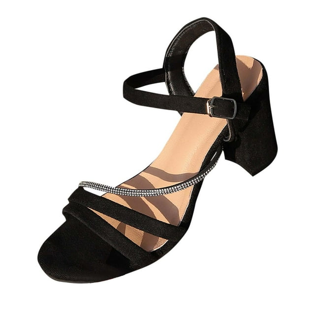 Black Women Chic All Match Buckle Fish Mouth Rhinestone Spring Summer Beach Sandals For Outdoor Wear