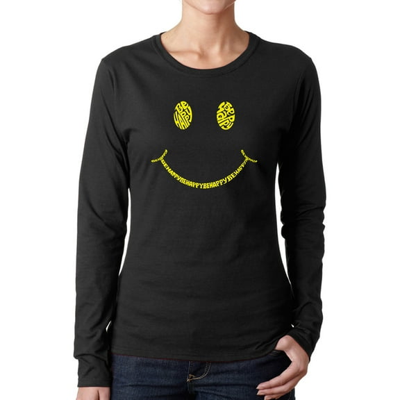 Women's Word Art Long Sleeve T-Shirt - Be Happy Smiley Face