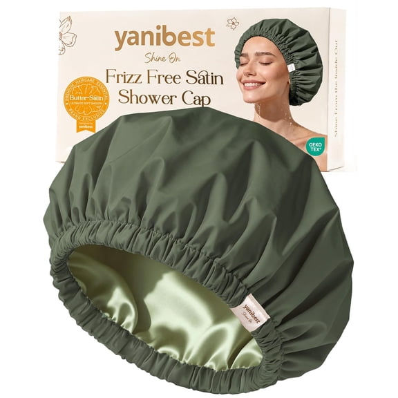 Yanibest Satin Lined Shower Cap for Women Reusable Waterproof, Frizz Free & Large Bath Cap with Soft Elastic Band, Luxury Hair Protection Caps (Green)