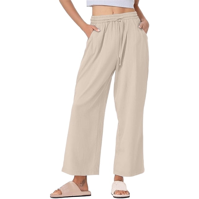 Liquidation de Pantalons pour Femmes! Pantalons en Lin à Rayures pour Femmes, Décontractés, à Jambe Grand, Pantalons Raccourcis, Coton et Lin, Taille Élastique, Légers, Pantalons d'Été