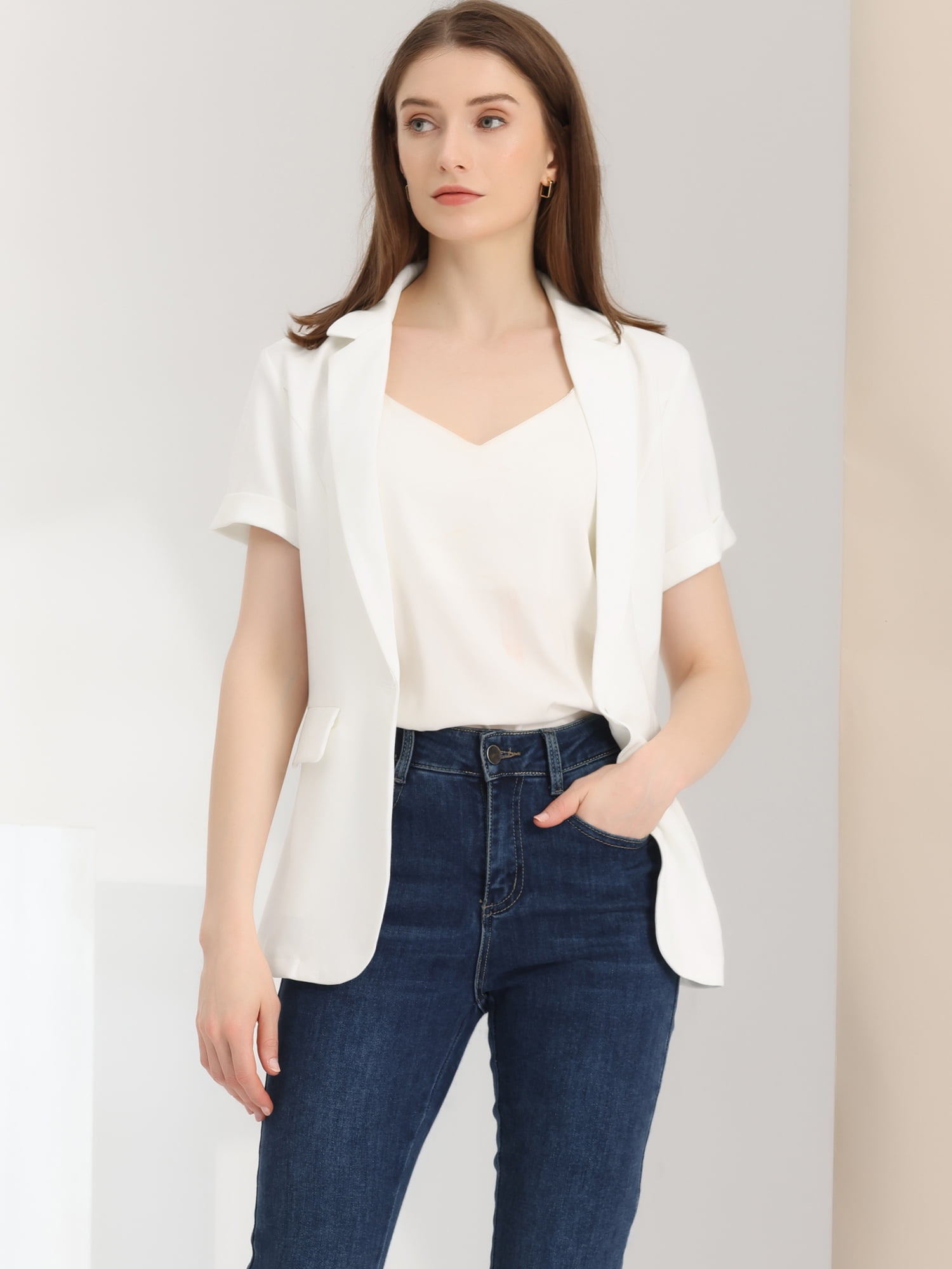DARING DIVA Women's Short Sleeve Blazer Button Office Suit Jacket M Beige White