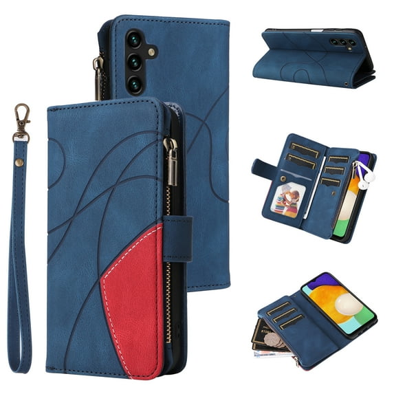 TECH CIRCLE Wallet Case for Samsung Galaxy A13 5G, Galaxy A13 5G Case for Women Men Durable PU Leather Kickstand Magnetic Buckle Flip Folio Strap Wristlet Zipper Card Holder Phone Cases,Blue