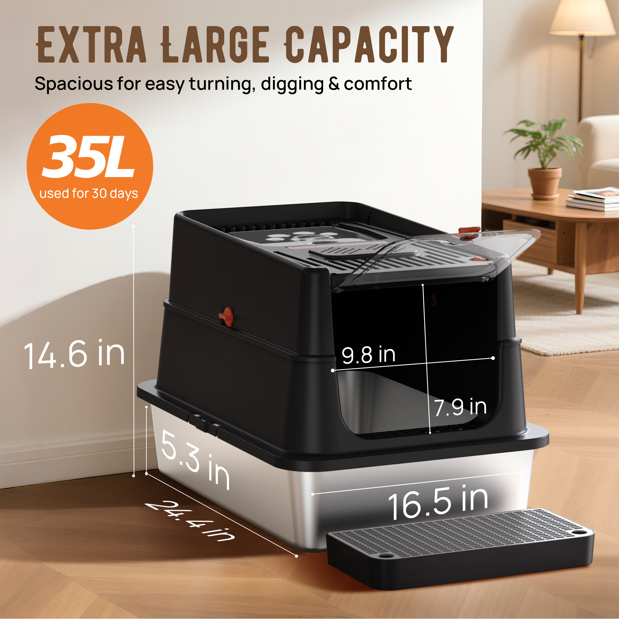 Stainless Steel Litter Box: Enclosed Cat Litter Box with Flip Lid Self Cleaning and High Sided Top Entry Design, XL Extra Large Metal Kitty Litter Pan Tray for Big Cats, Built-In Carbon Filter Pouch
