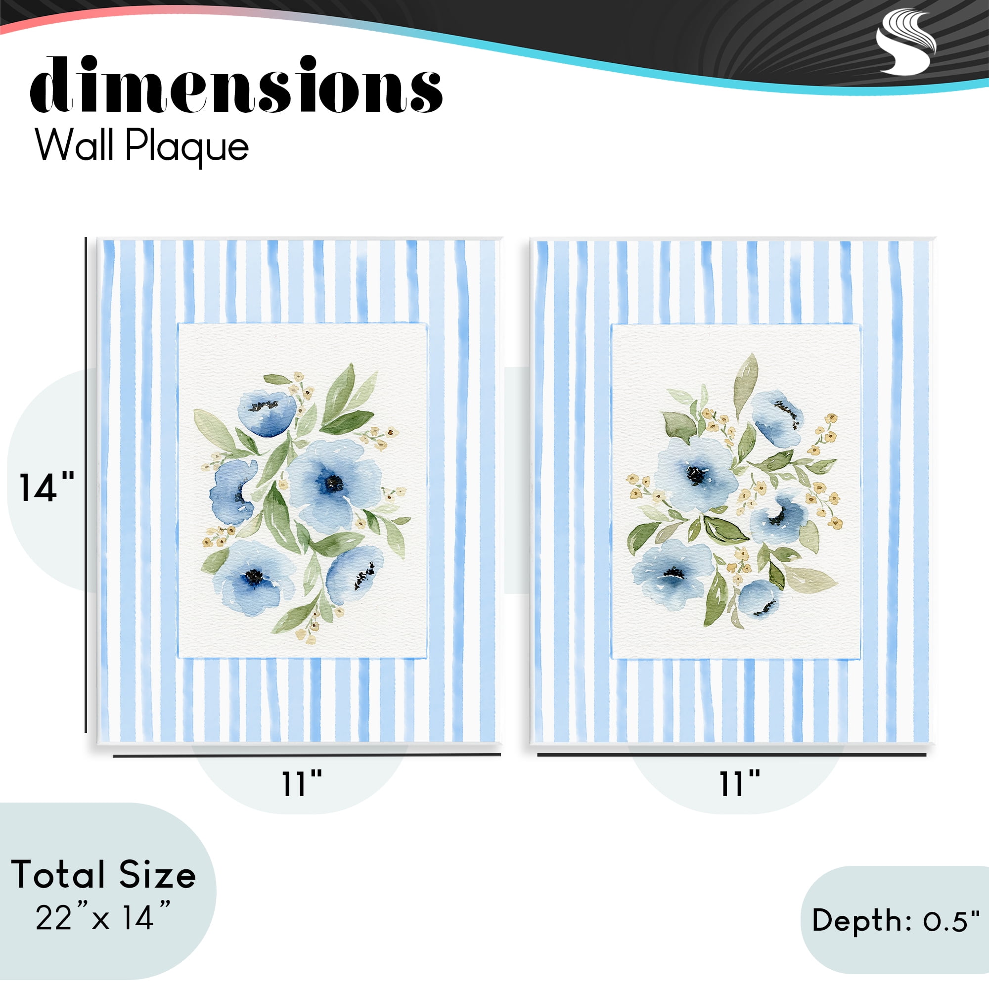 Stupell Industries Blue Flowers with Stripe Border 2 Piece Wall Plaque Art Set, design by Leah Noel Art