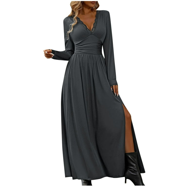 qolati Cocktail Dresses for Women Deep V Neck Long Sleeve Slit 2024 Fall  Maxi Dress Elegant Formal Wedding Guest Evening Date Prom Long Dress Dark  Gray M - Walmart.com