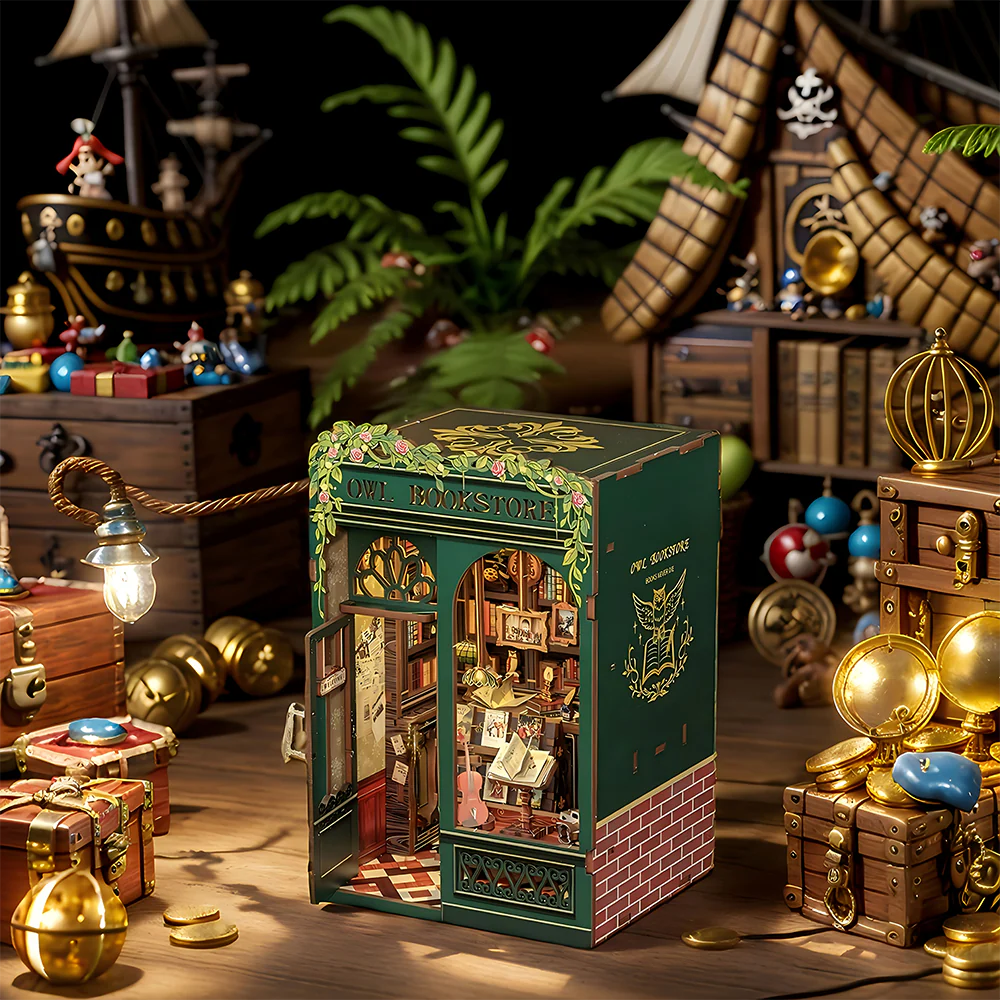 CUTEBEE DIY Book Nook Kit – Owl Bookstore Miniature Dollhouse Insert with LED Light, 3D Wooden Puzzle Craft Kit for Adults & Teens