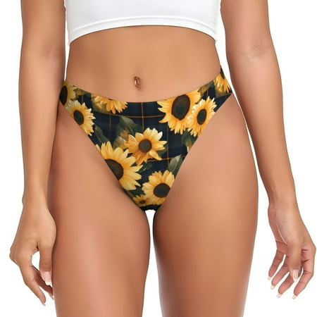 Yiaed Scottish Blue Plaid Sunflower Print Sexy Underwear for Women Thongs Low oWaist T- back Panties G-Strings Thongs-X-Small