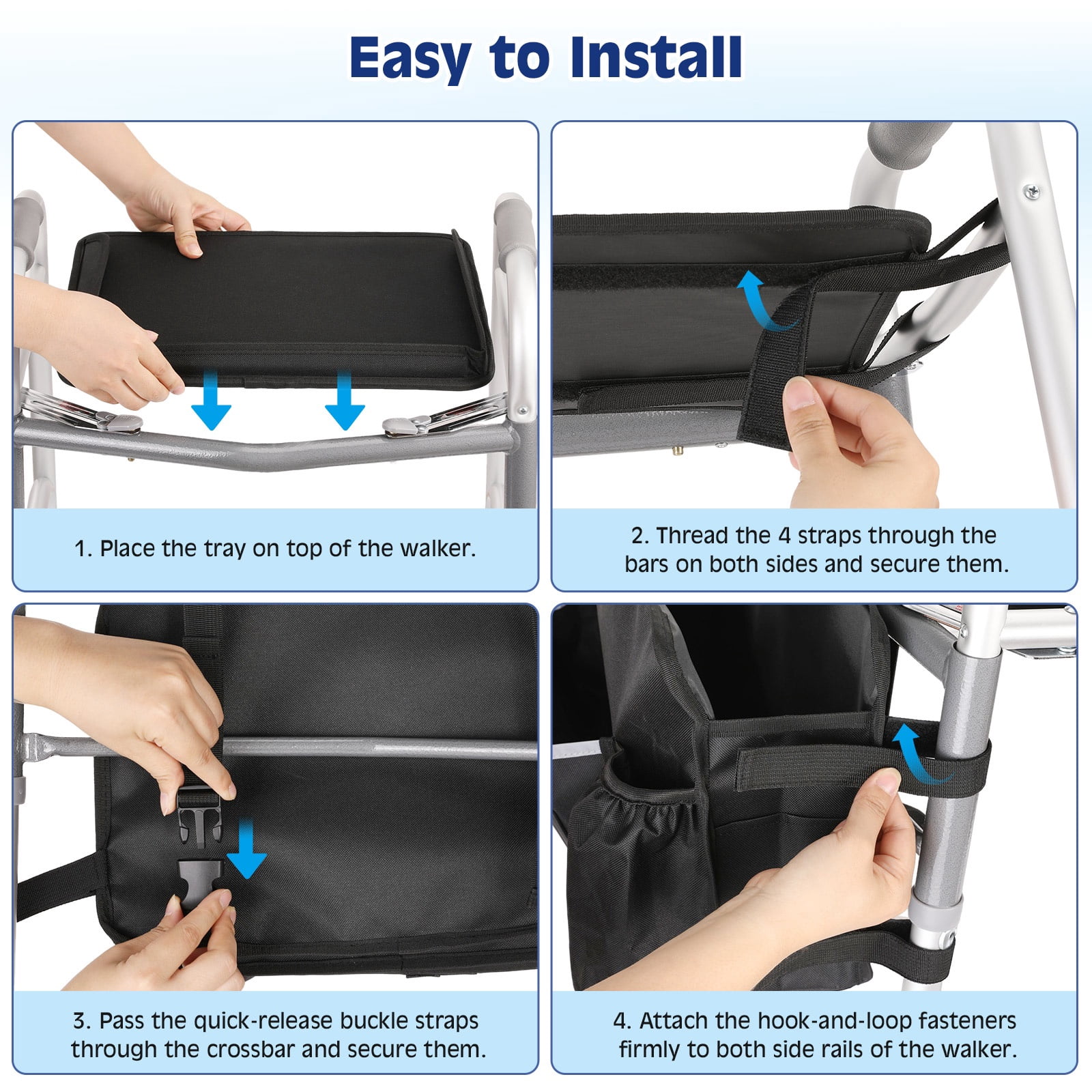 MoKo Walker Basket Bag with Tray, Upgraded Detachable Walker Tray for Folding Walkers with Non-Slip Mat, Large Storage Bag with Multi-Pockets and Cup Holder, Walkers Accessories for Senior, Black