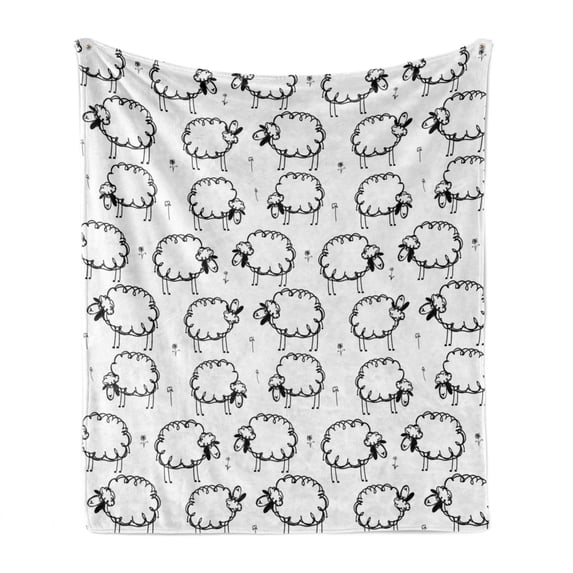 Funny Soft Flannel Fleece Throw Blanket, Humorous Sheep Patterns on Meadow Flower Comic Doodle Playroom Kids Art Print, Cozy Plush for Indoor and Outdoor Use, 60" x 80", Black White, by Ambesonne