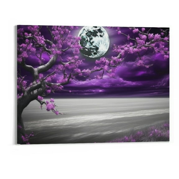 Creowell Purple Wall Art Decor for Living Room Bedroom Framed Black and White Seascape Full Moon Purple Flower Painting Canvas Picture Modern Hand-Painted Plum Blossom Artwork for Home Office 20x16in