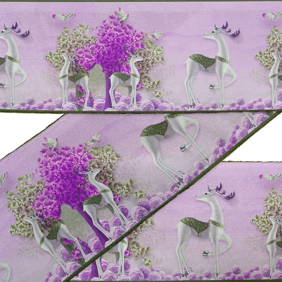 IBA Indianbeautifulart Purple Tree|Bird & Reindeer Animal Printed Ribbon Trim 9 Yard Velvet Fabric Laces For Crafts Sewing Accessories 3 Inches