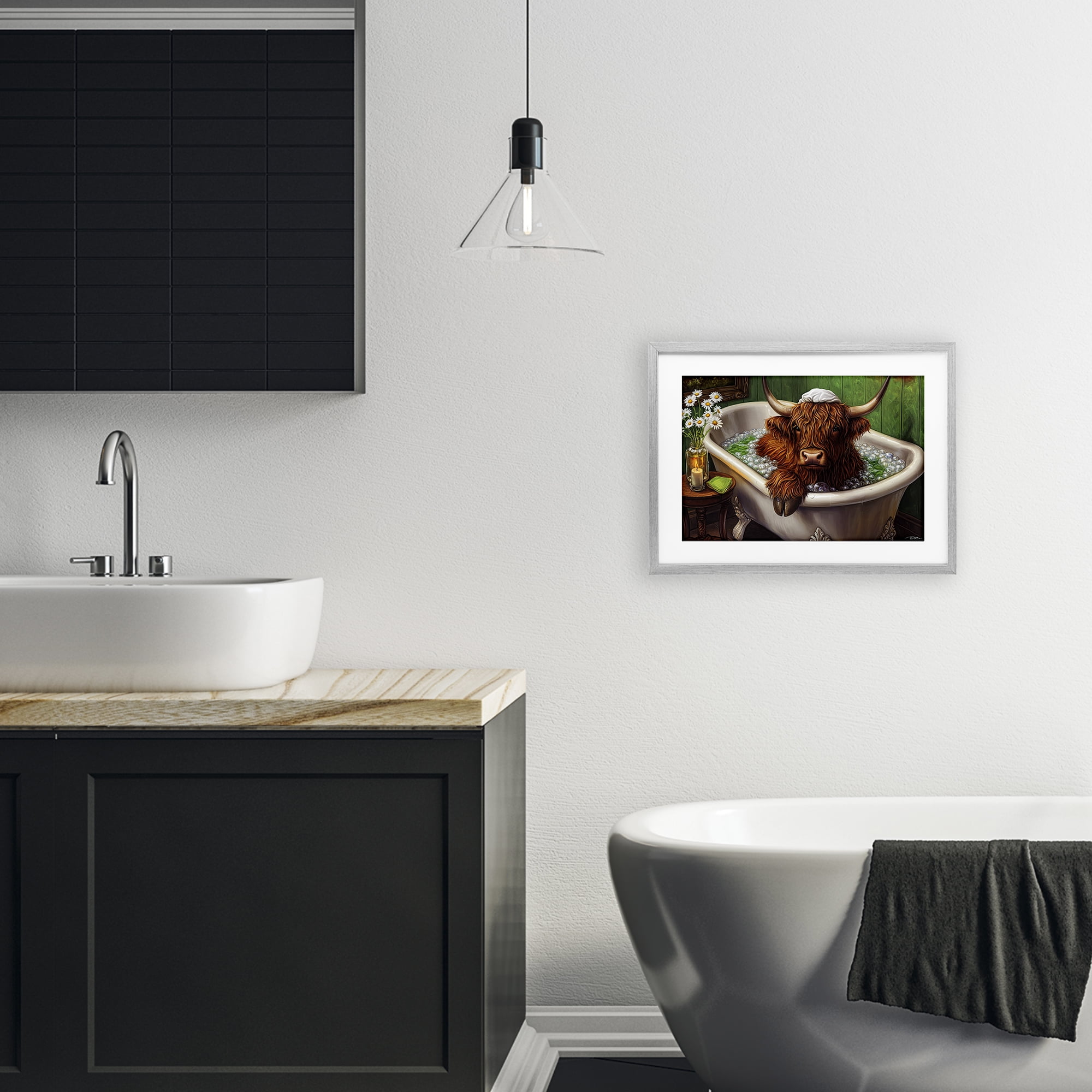 Highland in Candle Lit Bubble Bath Gray Framed Print Under Glass, design by Momart