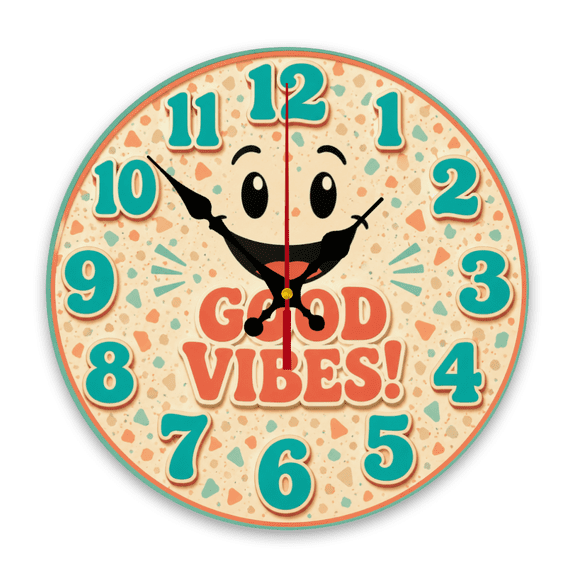 Cheerful colorful smiling face Design 10 inch Round Wooden Wall Clock, Silent, Wonderful for Bar, Shop, Gallery, Commercial Decor, Independence Day, Halloween, Wooden Frame Battery Powered (A
