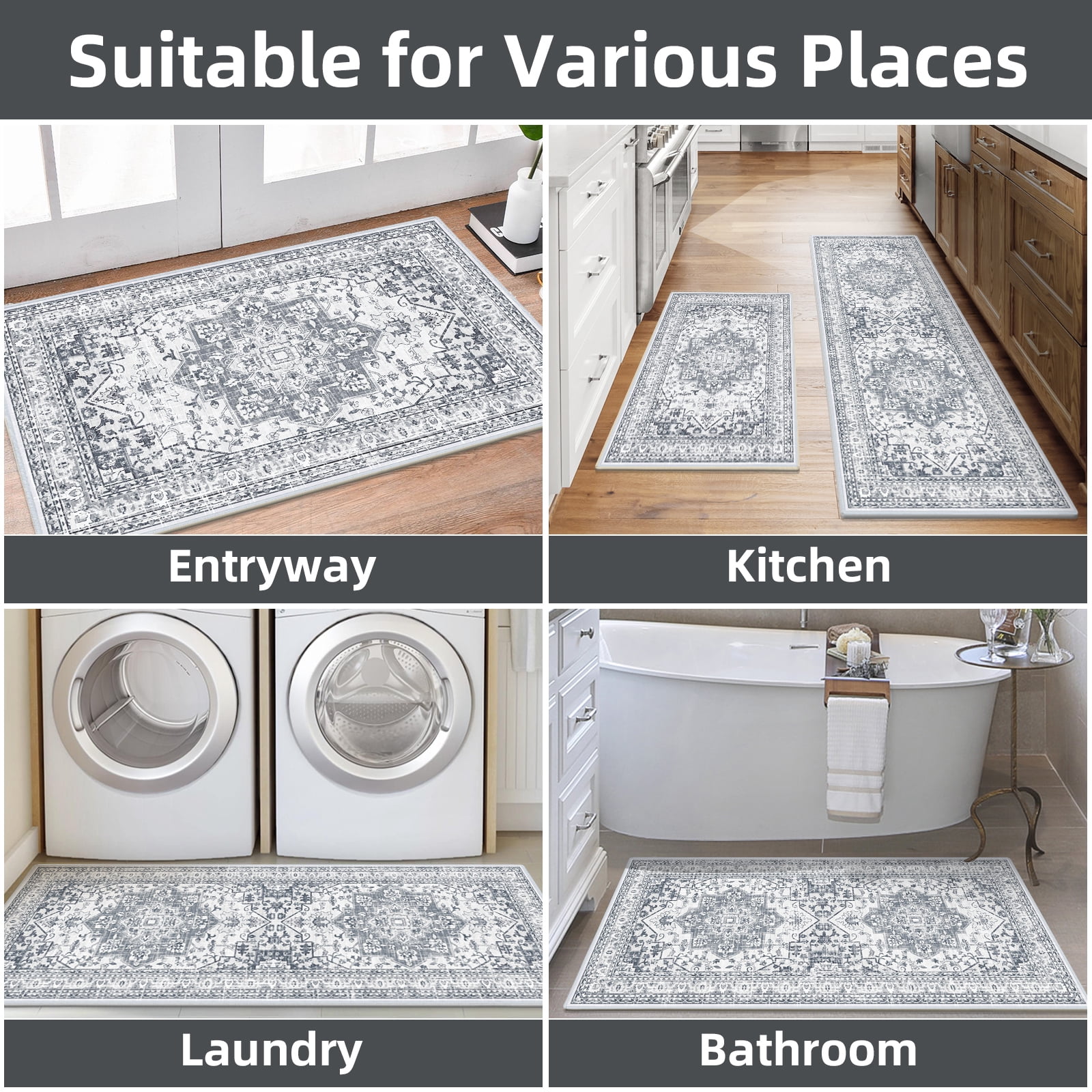 Findosom 3pcs Kitchen Rugs Set,Washable Boho Farmhouse Kitchen Mats for Floor,Non Slip Kitchen Floor Mat Carpet Runner Rugs for Entryway Hallway Laundry Home Decor 20"x32"+20"x47"+20"x59" Gray