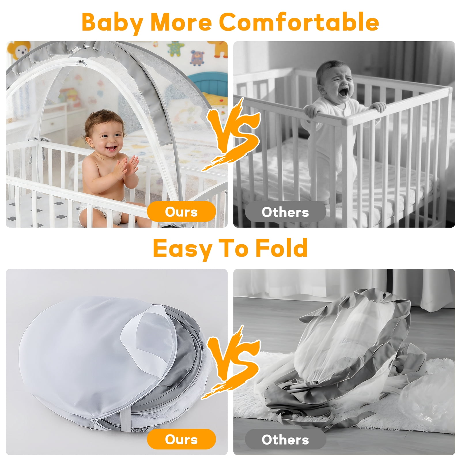 Baby Crib Tent, Pop Up Mosquito Crib Net with Double Zipper Self-Locked,1200 Holes/Inch Mesh to Keep Baby from Climbing Out, Portable Easy Install Mosquito Net 51.18" L x 27.56" W x 51.18" H