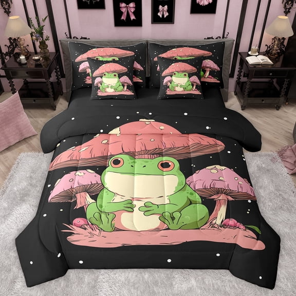 Feelyou Kawaii Frog Prince Twin Bedding Sets 7-Piece for Teem, Pink Jungle Mushroom Bedding Comforter Set, Cute Cartoon Theme Reversible Sheet Sets, Luxury Bedroom Decor