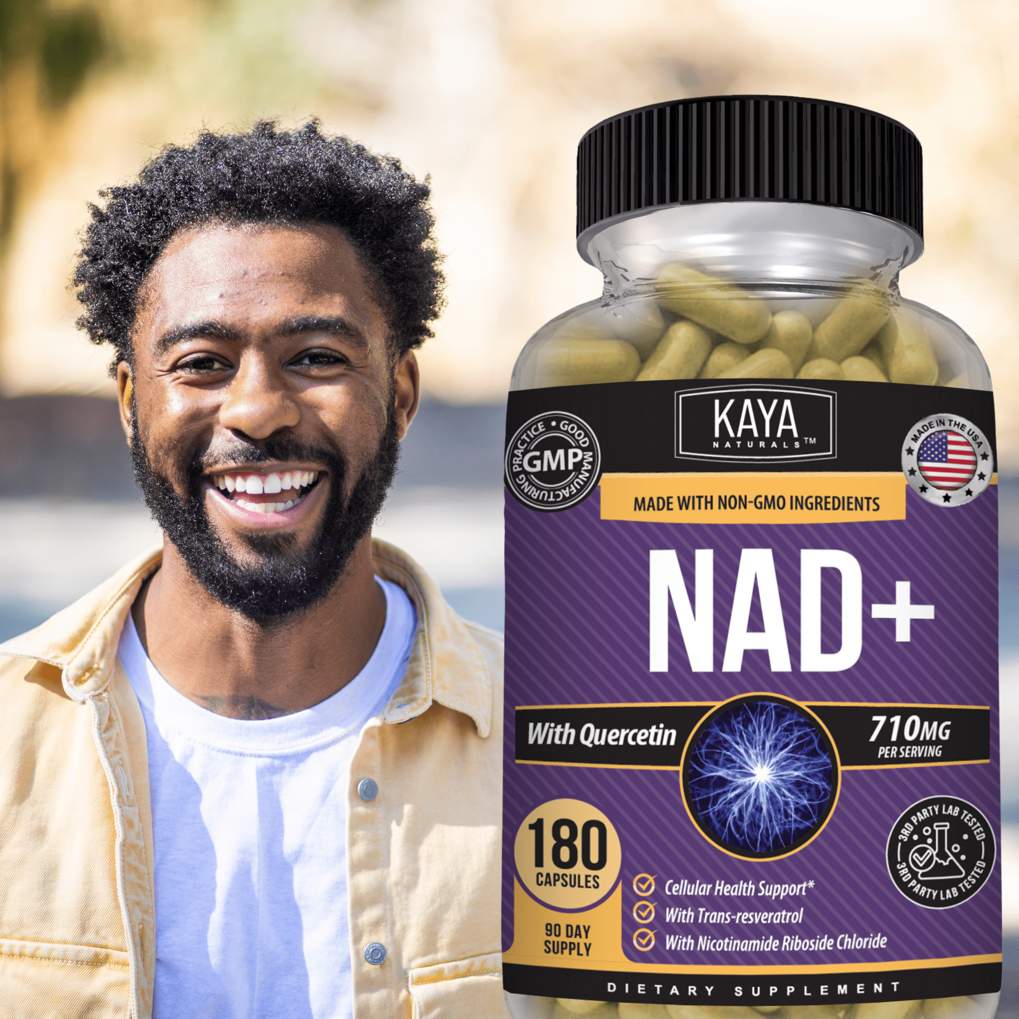 Kaya Naturals NAD+ Supplement with Trans-Resveratrol & Quercetin, Cellular Energy Support, Daily Wellness & Vitality, 180 Capsules