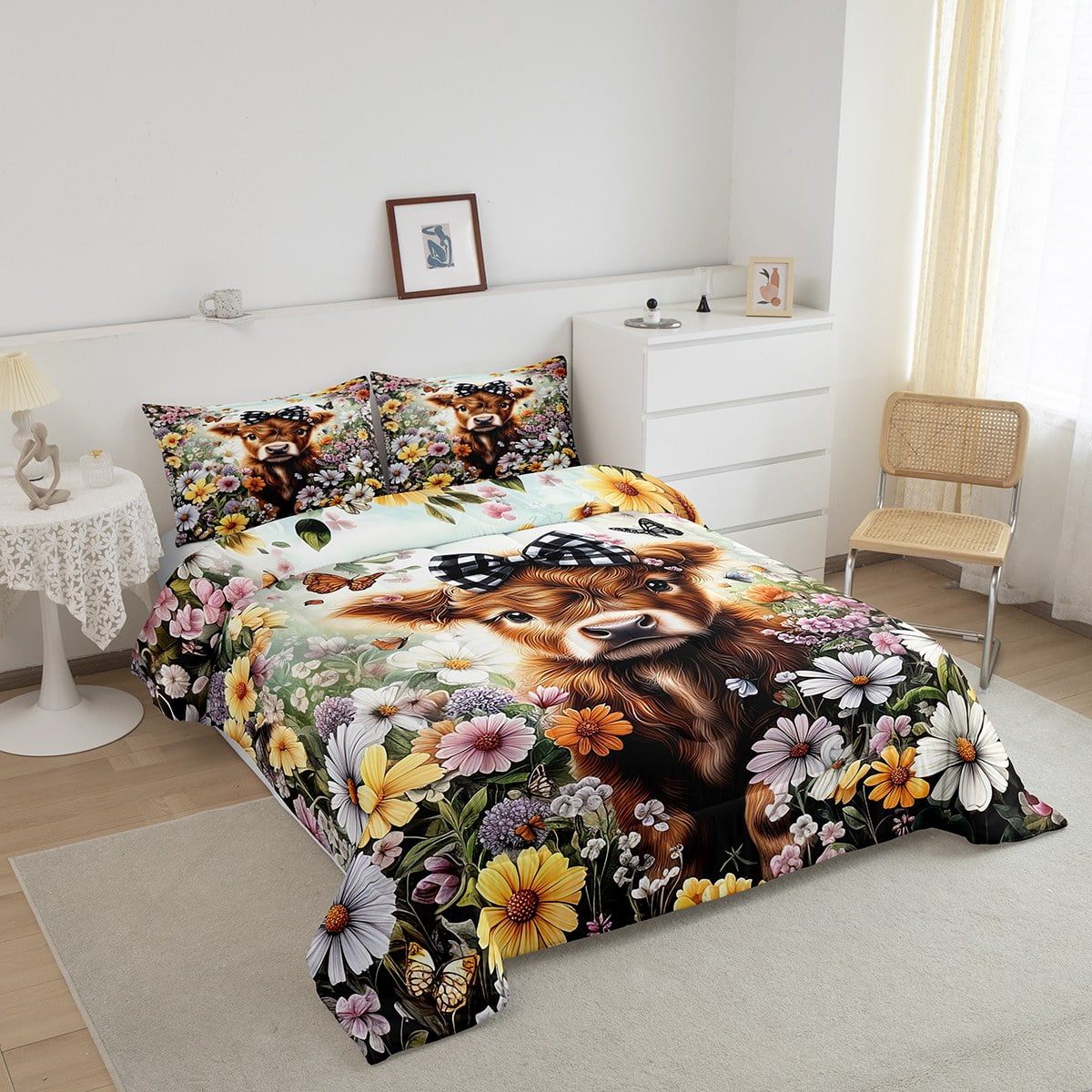 Erosebridal Cute Highland Cow Bedding Sets Twin with Comforter, Colorful Garden Flower Duvet Insert, Reversible 2 Pieces
