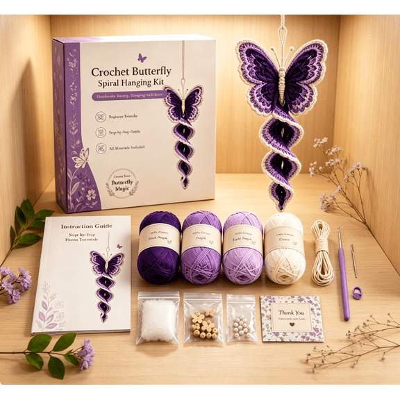Butterfly Spiral Hanging Crochet Kit Full DIY Craft Supplies for Christmas Handmade Ornament Comes with Yarn Tools and Detailed Guide (Butterfly)