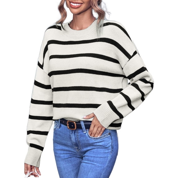WIPONKEN Women's Black and White Striped Sweaters Pullover Sweaters Long Sleeve Knit Sweaters Crew Neck Sweaters for Women