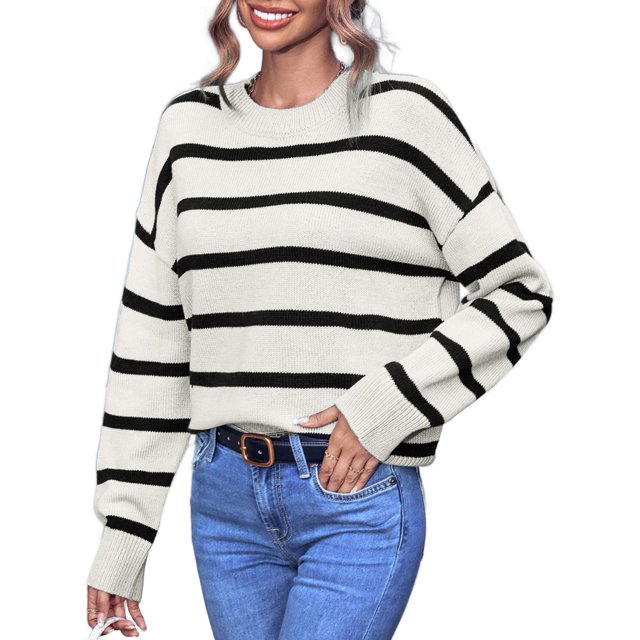WIPONKEN Womens Sweaters Crew Neck Off Shoulder Style Loose Oversize Stripes Ladies Sweater for Winter&Fall 30% Wool Soft Fasional Sweater