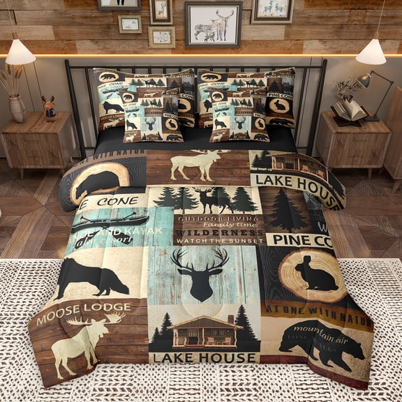 Homewish Rustic Moose Lodge Twin Bedding Sets 7-Piece, Western Lake House Bedding Comforter Set, Hunting and Fishing Reversible Sheet Sets, Lightweight Room Decor