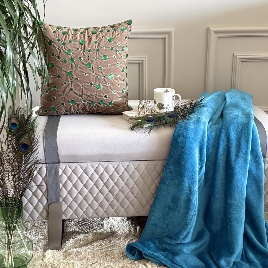 The HomeCentric Pillow Covers, Beige Accent Cover, Pack of 2, 16x16 inch (40x40 cm) Faux Leather & Suede PillowCase, Pillow Cover with Crystals, Abstract & Peacock, Circles & Dots - Green Gems