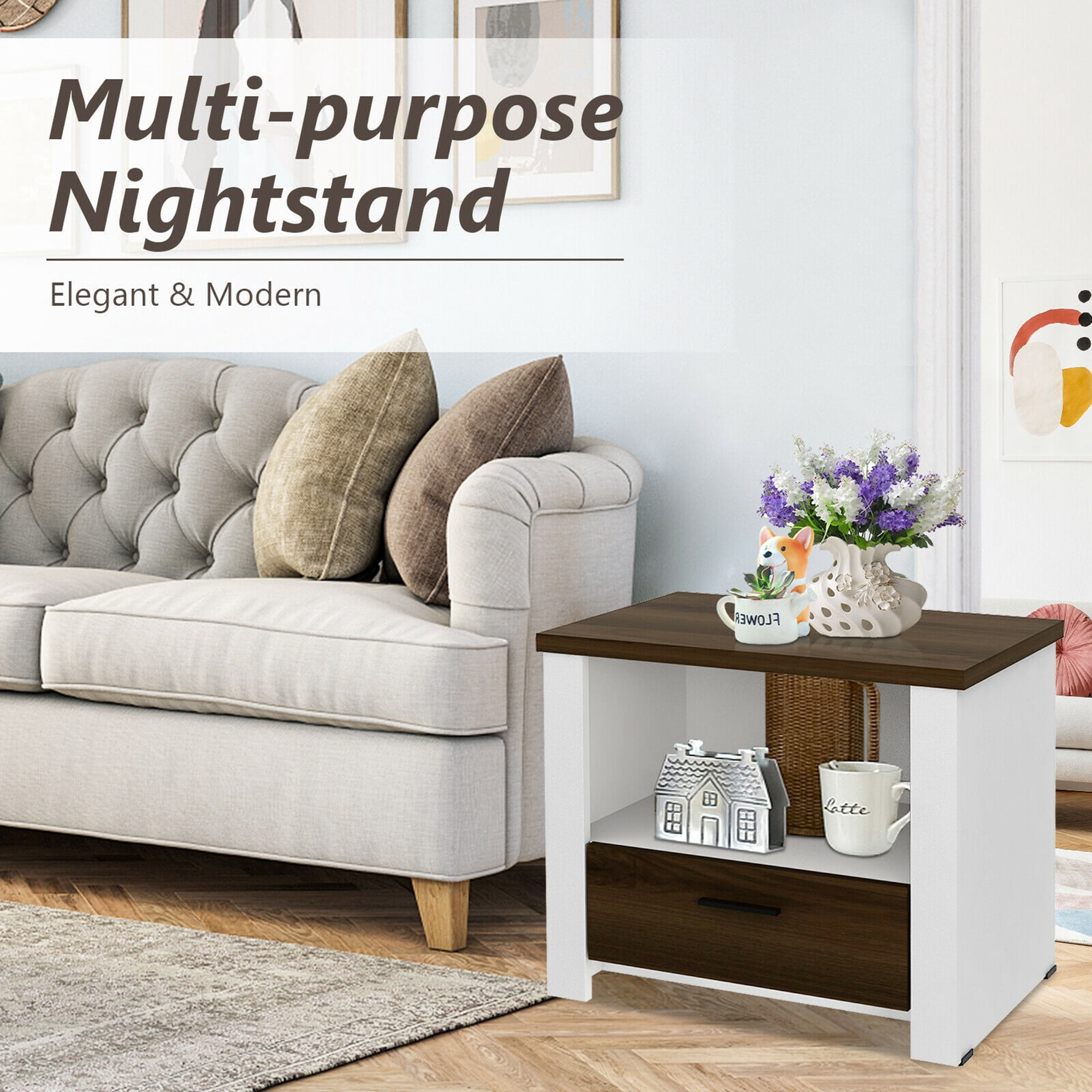 Gymax Fashion Accent Nightstand with Drawer and Open Shelf Sofa End Table Bedroom Living Room