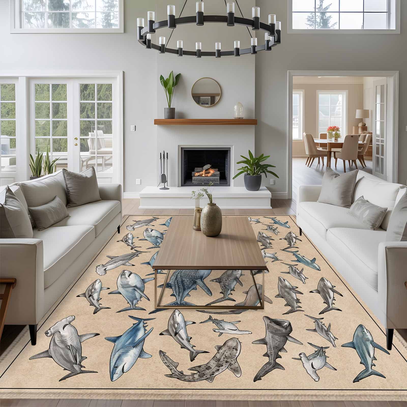 Large Area Rugs for Living Room Bedroom, Ocean Sharks 5'x8' Rug Washable Carpet Runner Indoor Outdoor, Vintage Coastal Underwater Animals Brown Non Slip Floor Mats Rug for Kitchen, Bathroom
