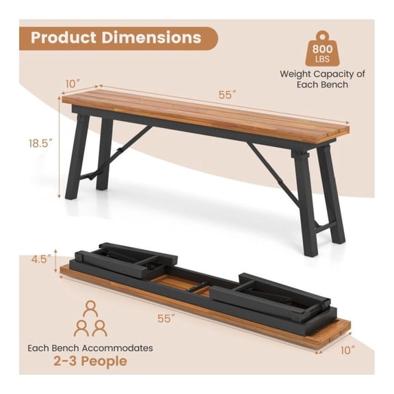 Folding Picnic Bench Set, Acacia Wood Outdoor Dining Benches for 2-3, Portable Camping BBQ Benches, Rectangular Patio Furniture