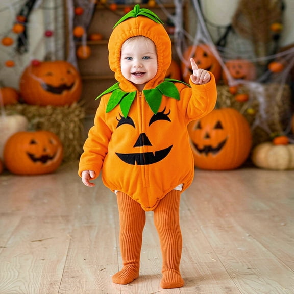 FASHOFT Halloween Cute Sleeveless Hooded Zip Up Pumpkin Romper 3-24M One Piece Bodysuit Soft Casual Holiday Wear Baby Halloween Clothes Orange 9-12 Months