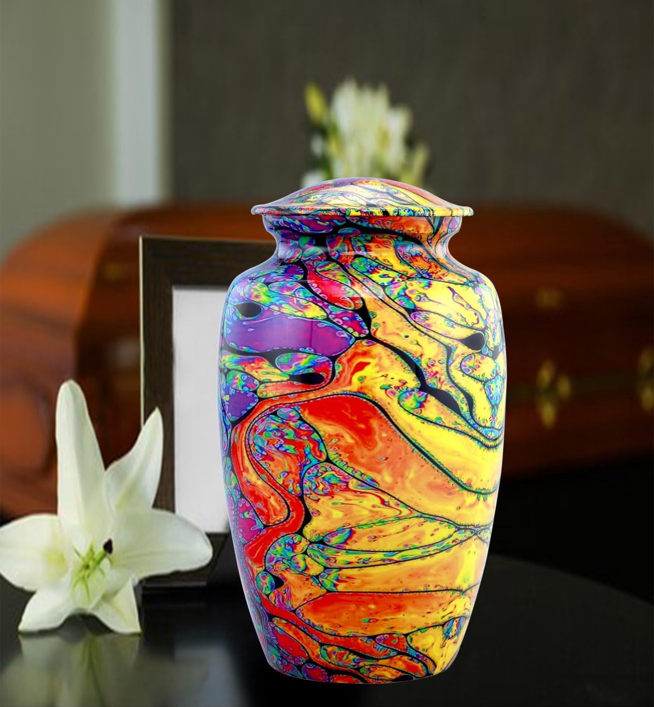 Modern Print Urn - Colorful Cremation Urn for Ashes - Handcrafted Tie Dye Urn - Funeral and Memorial Cremation Urn for Human Ashes with Velvet Bag (Large)