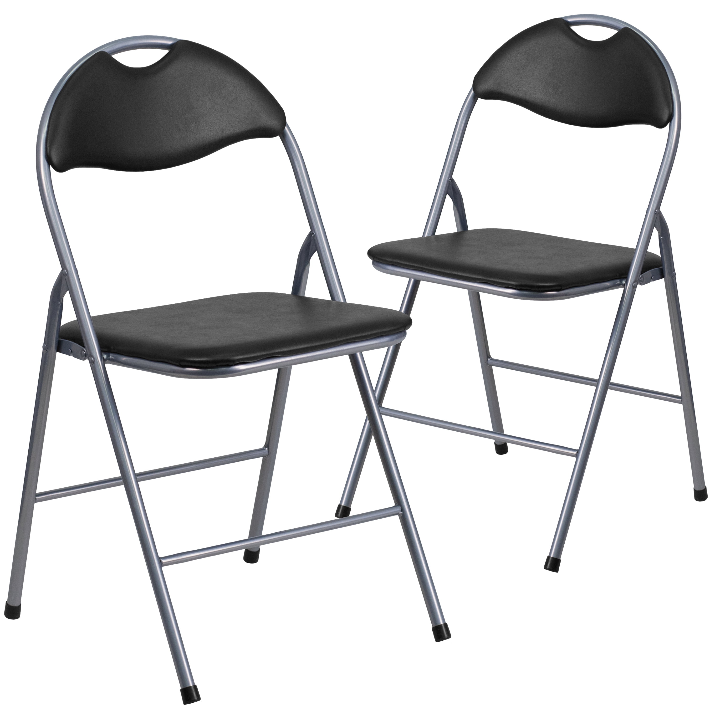 LOT OF 2 BLACK VINYL METAL FOLDING CHAIR WITH CARRYING HANDLE 