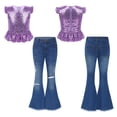 thumbnail image 3 of inlzdz Girls Flare Outfits Sparkle Ruffle Sleeve Dance Crop Top with Flared Jeans Denim Pants Set Lavender 16, 3 of 6